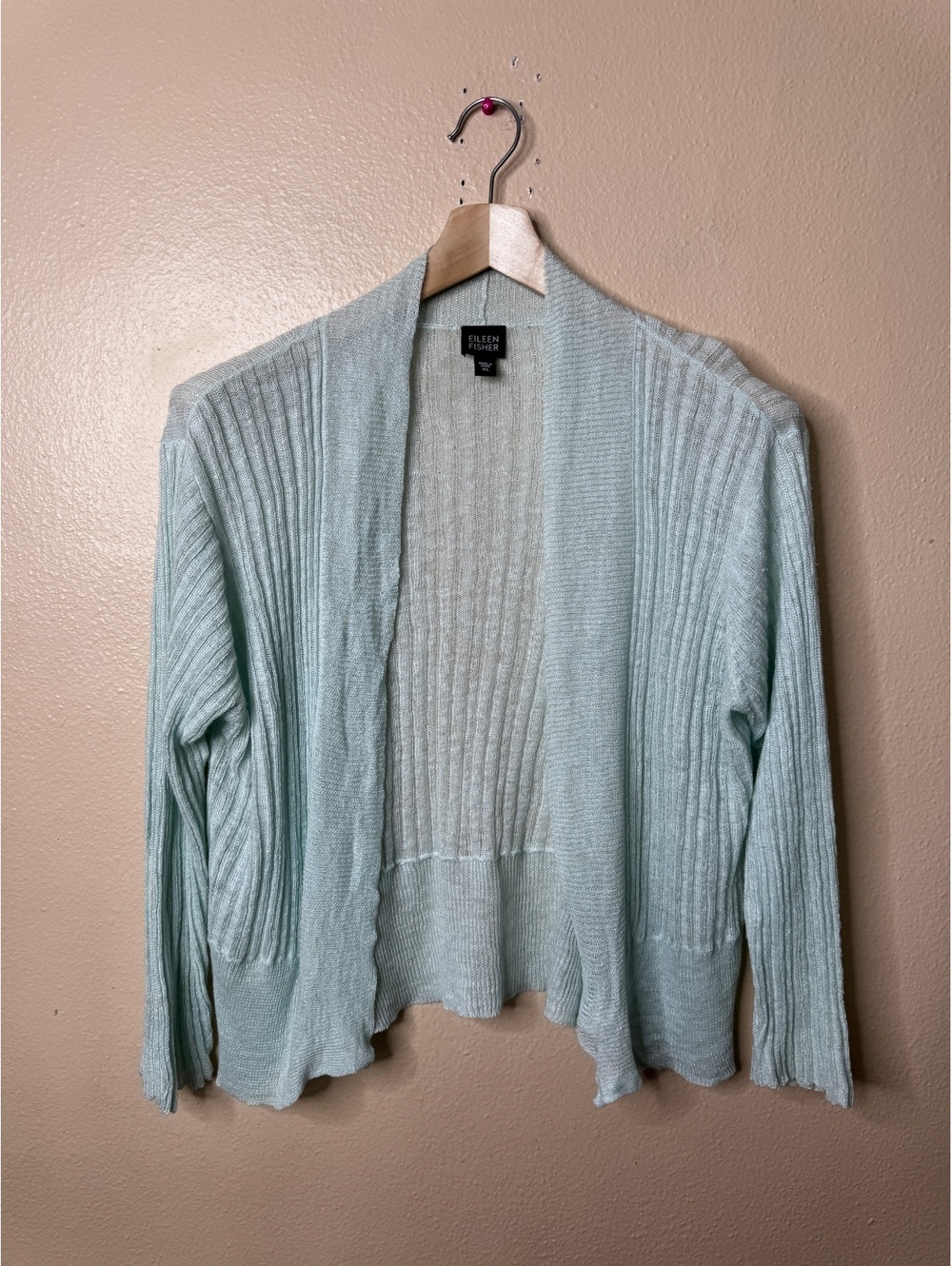 Eileen Fisher Women’s XL 100% Linen Open Front Ribbed Cardigan Light Blue
